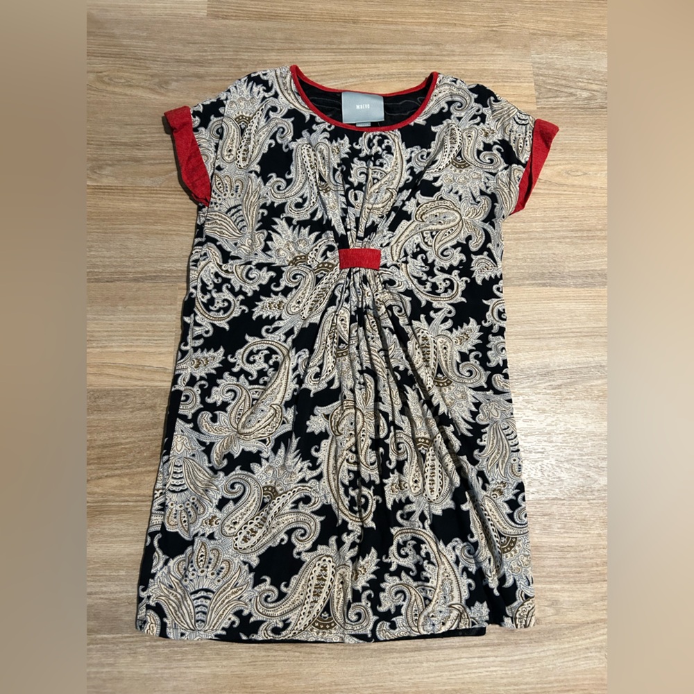 Mauve from Anthropology Paisley Print Dress with Red Accents